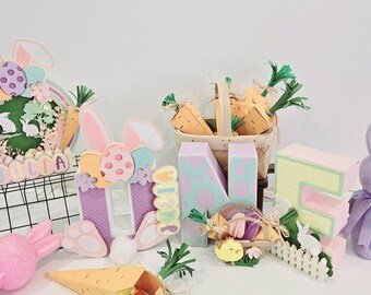 Handmade Easter Party Decor Pack, Cake Topper, Carrot Boxes