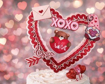Valentine Shaker Cake Topper – XOXO Love Bear & Gnome,Shaker Cake Topper, Valentines Topper, Cake Topper