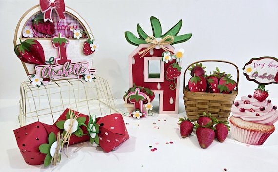 Strawberry Party Decor Box, Shaker Cake Topper, Treat Boxes