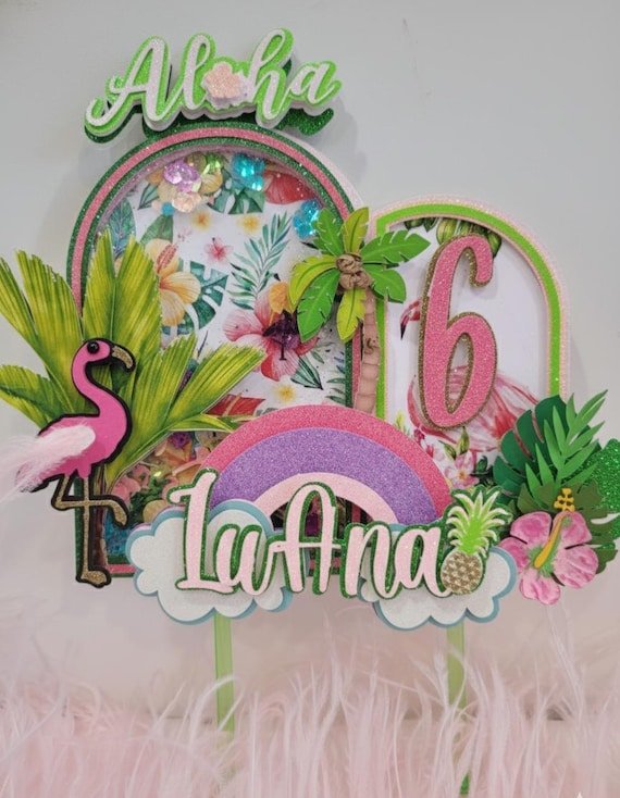 Aloha Tropical Flamingo Cake Topper – Custom Name & Age | Hawaiian Luau Birthday Decoration| Shaker Tropical Cake Topper