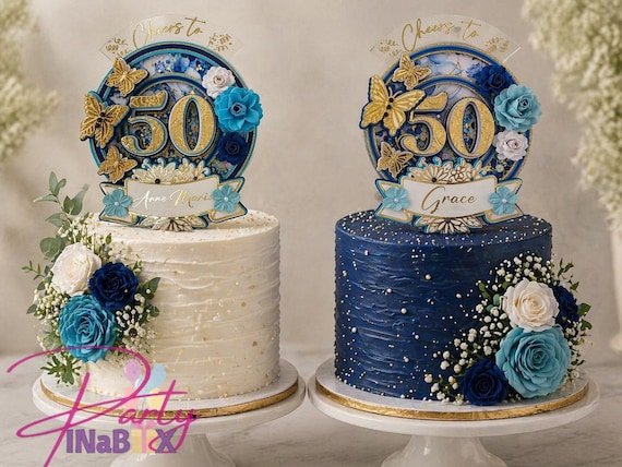 50th Birthday Cake Topper Personalized | Elegant Blue & Gold Cake Decoration | Luxury Butterfly Floral Topper