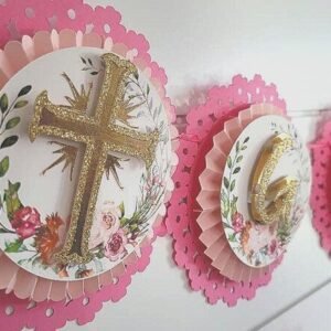 3D First Communion Banner: Glitter Cross, Floral Baptism Decor