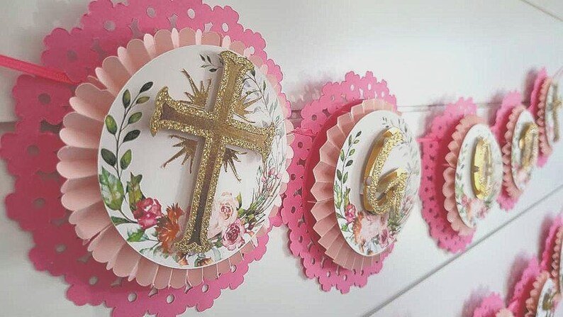 3D First Communion Banner: Glitter Cross, Floral Baptism Decor